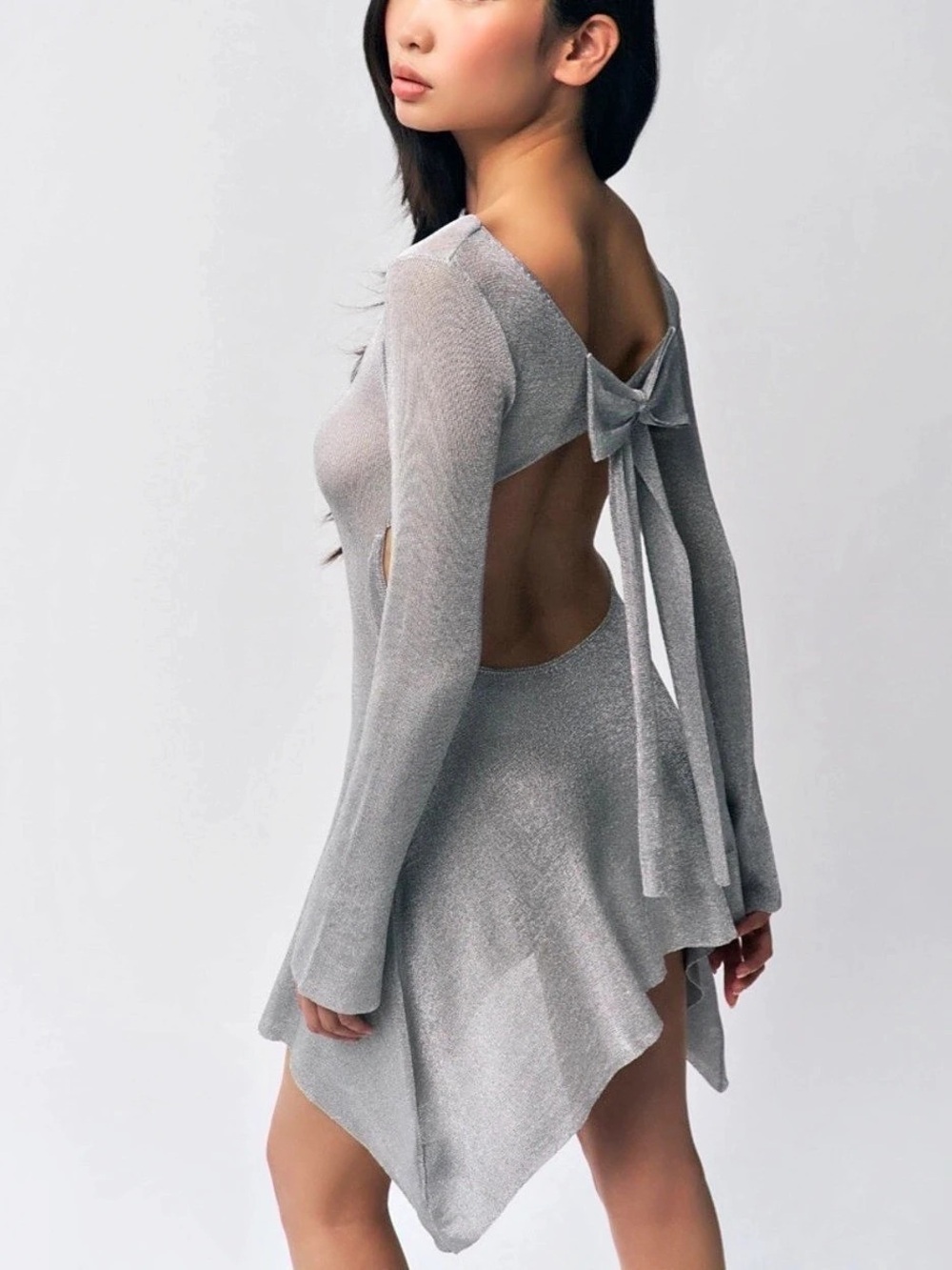 DANIELLE GUIZIO Rose Dress Long Sleeve Mini Dress in Silver Knit NWT